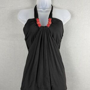 Y2K Women's Black Drape‎ Halter Tank Top Sz M Embellished Neck Sleeveless Grunge